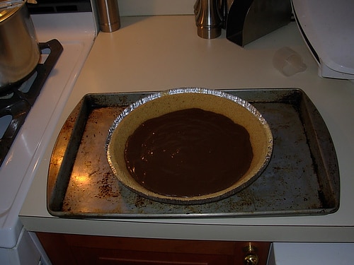 Peeps Pie: Melted Chocolate Base