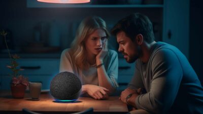 A Man And Woman Sitting At A Kitchen Table With An Alexa Echo Dot Worried About Active Listening.