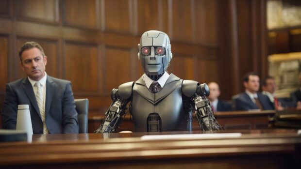 An Ai Lawyer Robot Sitting At A Desk In A Courtroom