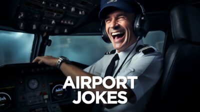 A Man In A Pilot'S Seat With A Funny Airport Jokes Logo.