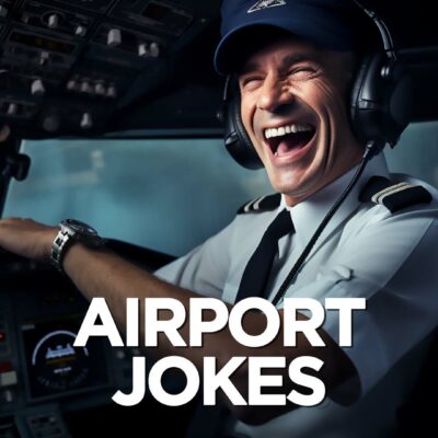 A Man In A Pilot'S Seat With A Funny Airport Jokes Logo.