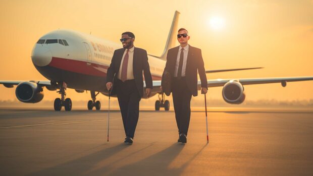 Two Blind Airline Pilots Walking With Canes In Front Of An Airplane On A Runway.