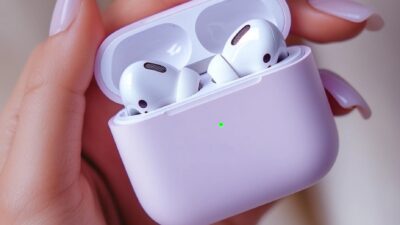 Apple AirPods Pro 2 - A hand with manicured nails holds an open lavender case containing Apple's AirPods Pro 2, showcasing their sleek white design.