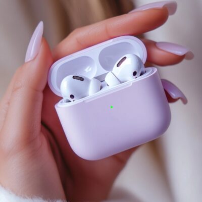 Apple Airpods Pro 2 - A Hand With Manicured Nails Holds An Open Lavender Case Containing Apple'S Airpods Pro 2, Showcasing Their Sleek White Design.