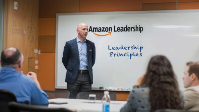 Amazon Leadership Principles - A man standing in front of a whiteboard showcasing Amazon leadership principles.
