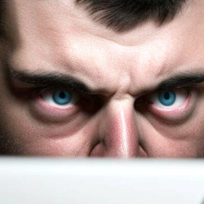 angry man eyes scaled - Angry man using a laptop