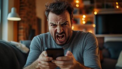 A man with a beard and messy hair is sitting indoors, angrily yelling at his smartphone while holding it in both hands; the blurred background features warm lighting and a bookshelf. It's clear he's frustrated with the Sonos app update.