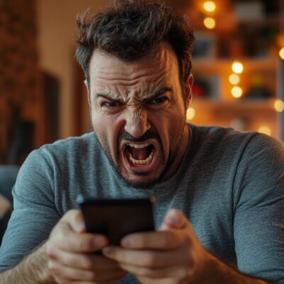 A Man With A Beard And Messy Hair Is Sitting Indoors, Angrily Yelling At His Smartphone While Holding It In Both Hands; The Blurred Background Features Warm Lighting And A Bookshelf. It'S Clear He'S Frustrated With The Sonos App Update.