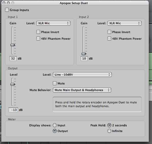 Apogee Duet Software: Input / Output Control Panel
