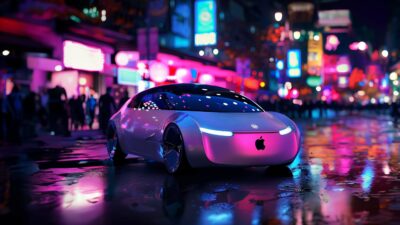Apple Car Rendering - A Photo Of An Apple Car On A City Street At Night, Showcasing The Innovative Project Titan.