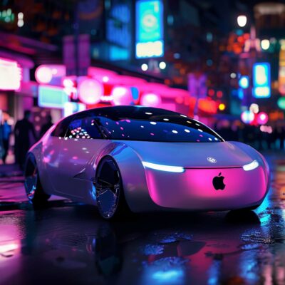 Apple Car Rendering - A Photo Of An Apple Car On A City Street At Night, Showcasing The Innovative Project Titan.