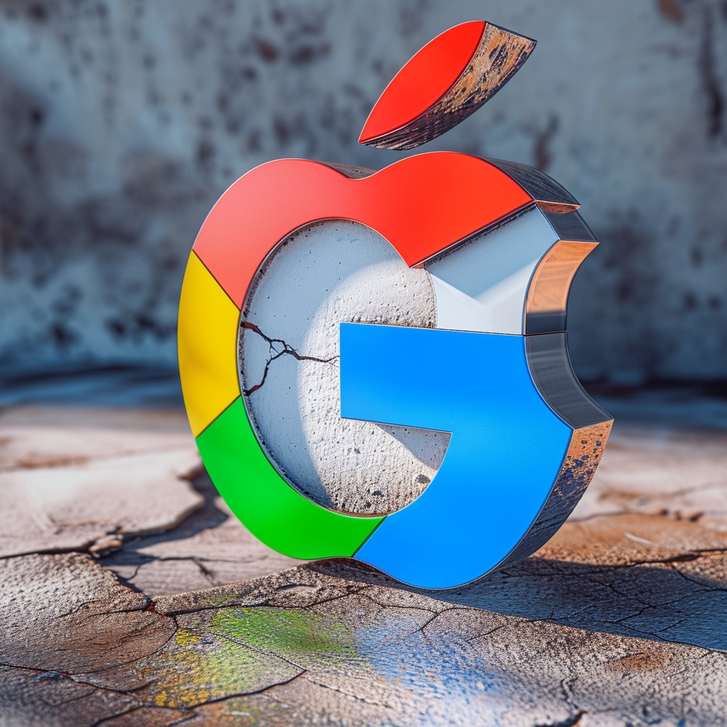 A 3D Logo Combining The Designs Of Google And Apple, Featuring Google'S Color Scheme Within The Shape Of The Apple Logo, Set Against A Cracked, Textured Surface. This Emblem Symbolizes Their Longstanding Rivalry In The Tech Industry Amidst Various Antitrust Decisions.