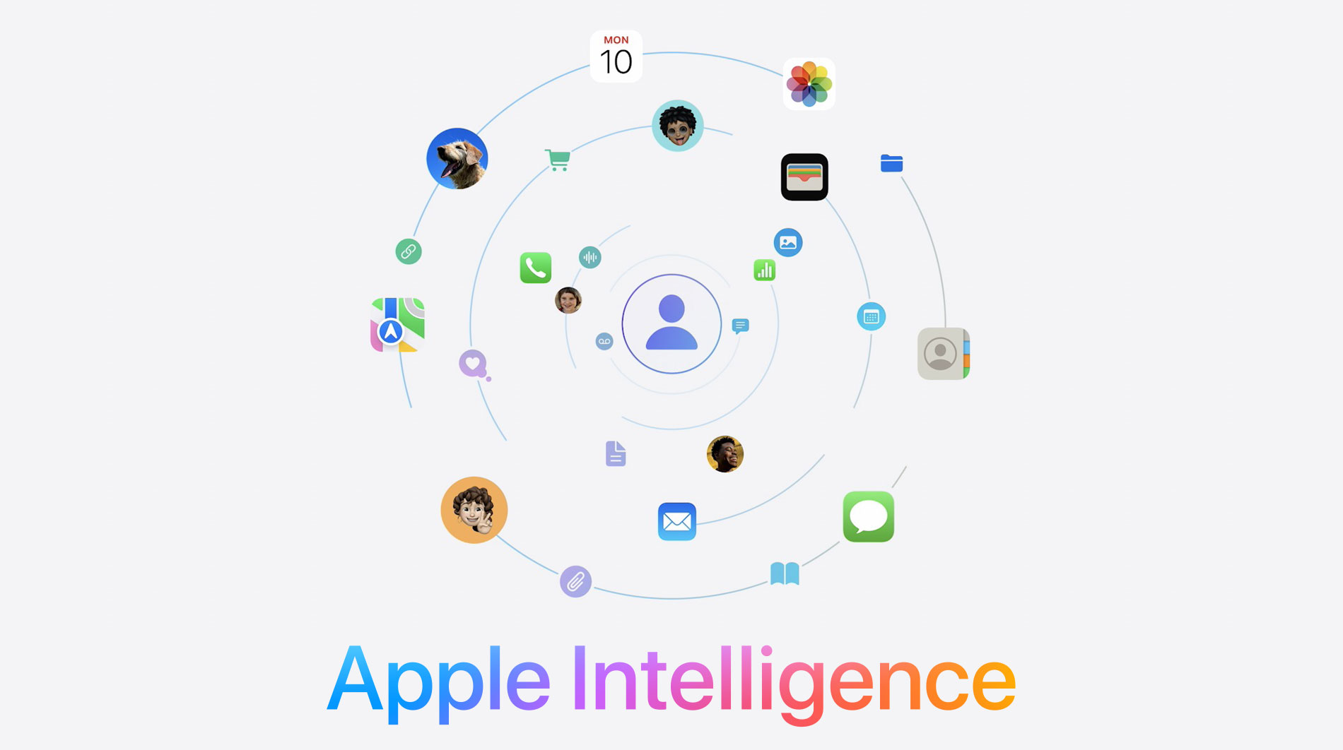 A Graphic Titled &Quot;Apple Intelligence&Quot; Showing A Central User Icon Surrounded By Various App And Feature Icons Like Messages, Calendar, Photos, Maps, Mail, And More—Highlighting Innovations In Ios 18.1 Developer Beta With Enhanced Iphone Ai Capabilities.