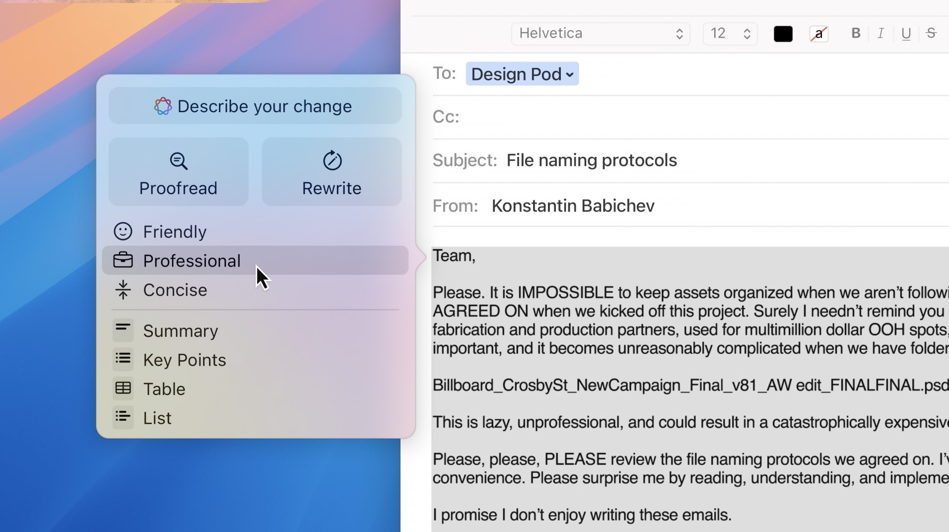 A Person Is Using A Text Analysis Feature In An Email Composition Interface On Iphone Ai, With Options Like &Quot;Professional&Quot; And &Quot;Friendly&Quot; Shown, While Drafting An Email About File Naming Protocols In The Latest Developer Beta Of Ios 18.1.