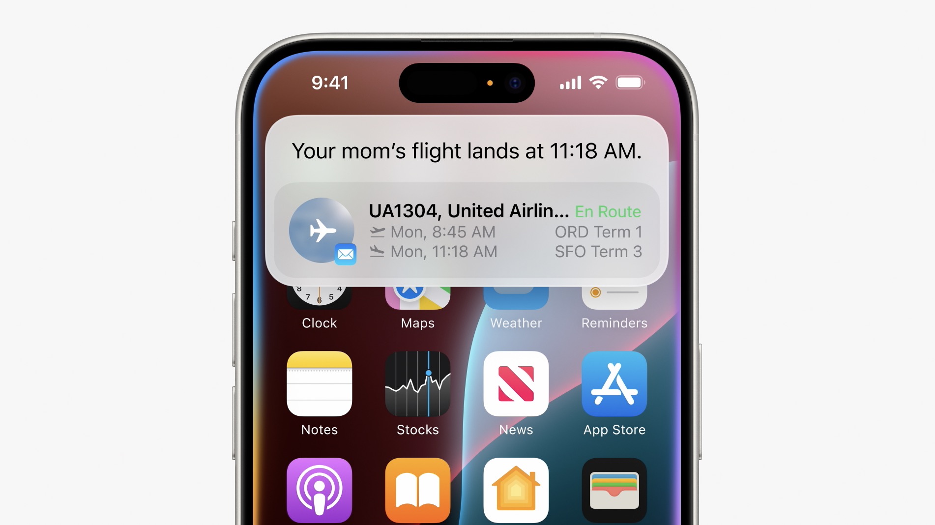 Siri Apple Intelligence  - A Smartphone With Ios 18.1 Displays An Airline Notification: &Quot;Your Mom’s Flight Lands At 11:18 Am.&Quot; Flight Details For Ua1304, Ord To Sfo, Currently En Route. The Background Shows Various App Icons And The Sleek Design Of The Developer Beta Interface.