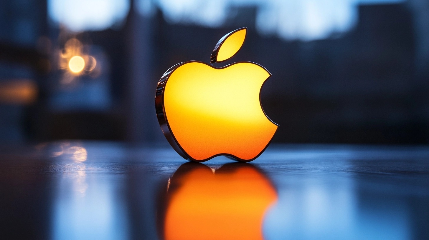 A Glowing Apple Logo Sculpture Stands On A Reflective Surface, Its Brilliance Enhanced By Blurred Lights In The Background—A True Game-Changer In Design Aesthetics.