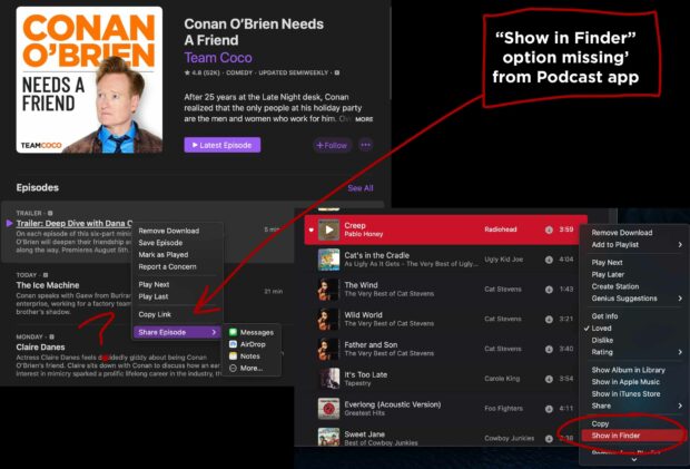 Screenshot Showing How The &Quot;Show In Finder&Quot; Option Is Missing From The Apple Podcast App