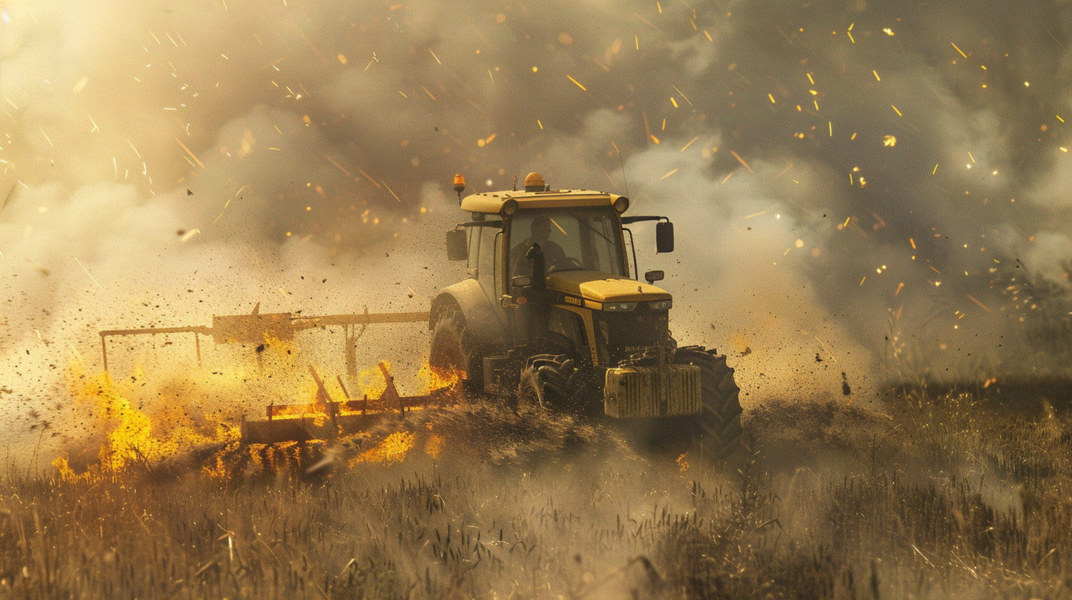 Ukraine'S Armored Tractors - A Tractor Drives Through A Burning Field, Surrounded By Smoke And Sparks, As Drones Buzz Overhead.