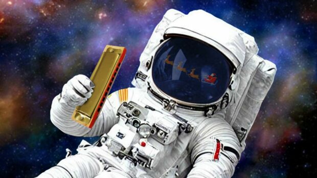Astronaut With A Harmonica In Outer Space