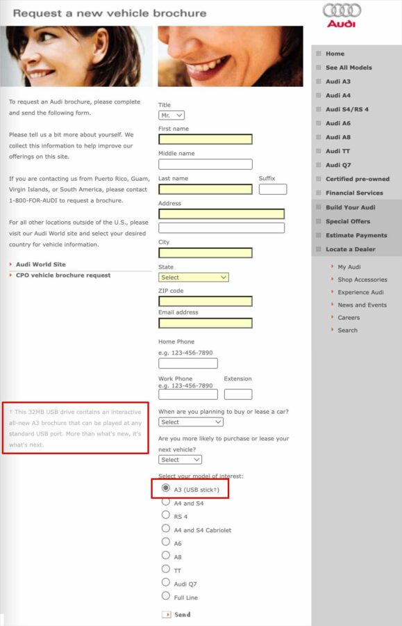 Screenshot Of A Form To Request A Free Usb Drive From Audi