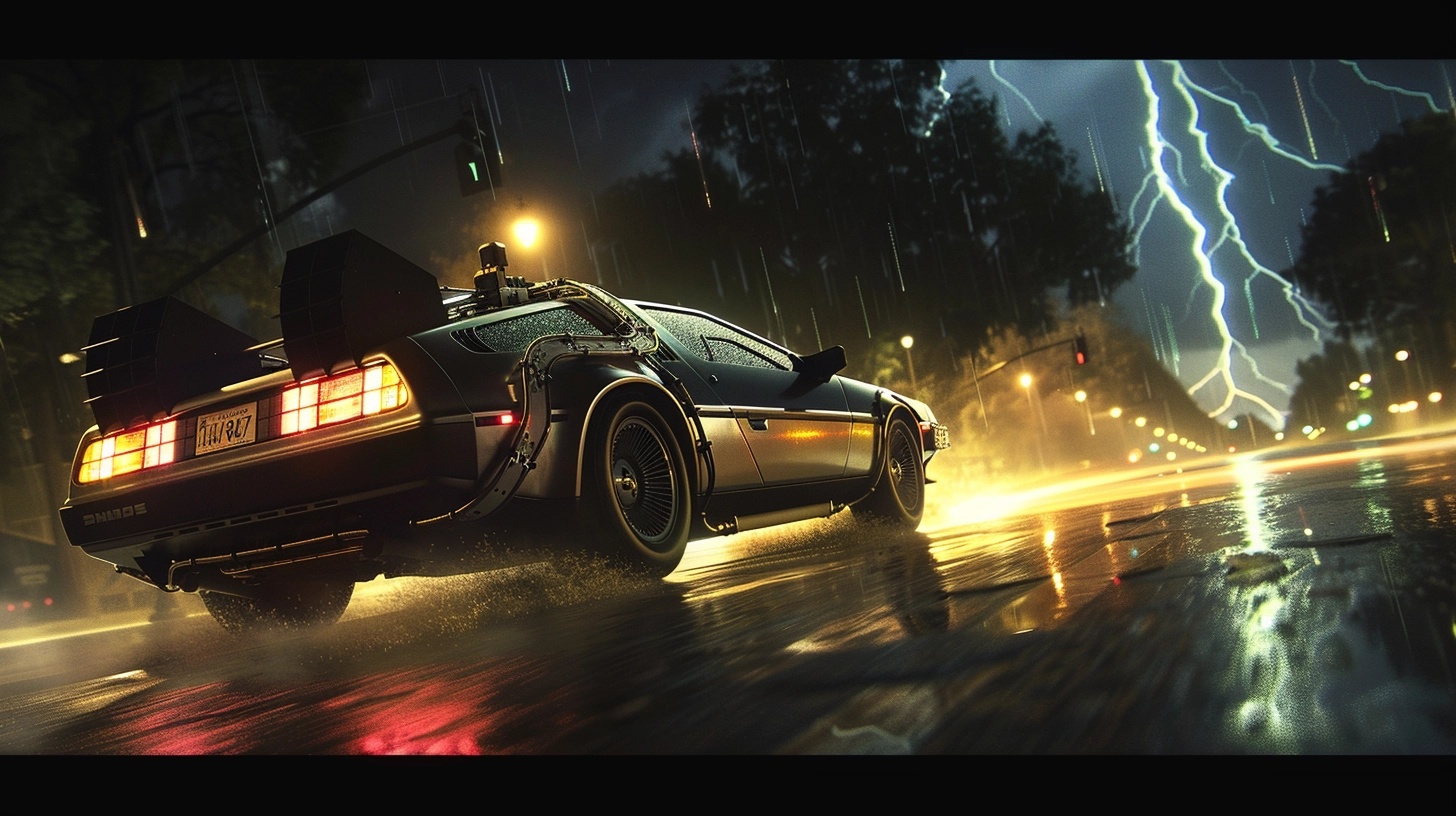 A Delorean Car With A Futuristic Design Drives Through A Rainy Street At Night, Navigating Possible Obstacles As Lightning Strikes In The Sky. The Scene Is Illuminated By Streetlights And Reflections On The Wet Road, Hinting At The Potential For Time Travel.