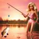 Barbie fishing for a catfish with a Barbie Fishing Pole