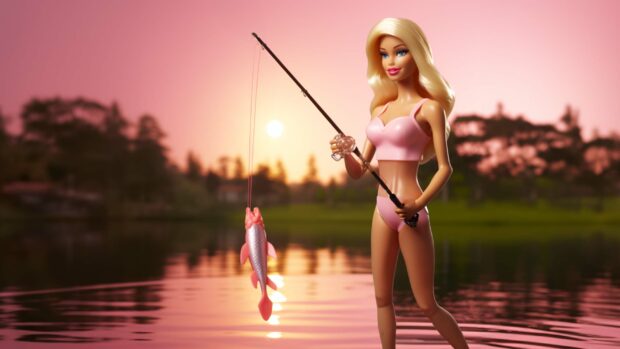 Barbie Is Using A Barbie Fishing Pole To Catch A Fish.