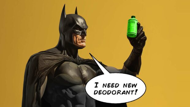Batman Holding A Bottle Of Deodorant And Wondering Why Kids Sing &Quot;Jingle Bells Batman Smells&Quot;.