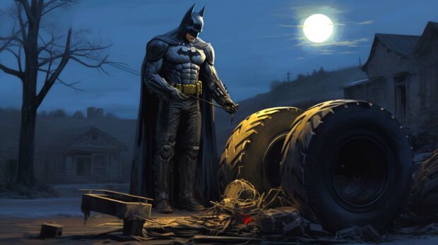 Batman Standing Next To A Tire At Night, Wondering Why &Quot;The Batmobile Lost A Wheel&Quot;.