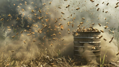 Bees Hunt Landmines In Ukraine - A large swarm of bees surrounds a rusted metal drum placed in a grassy, dust-filled area, buzzing like distant drones.