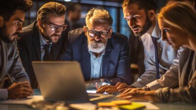 A group of five people in business attire are gathered around a laptop, focusing intently on the screen in a dimly lit office setting, trying to determine what happened during the CrowdStrike Global Outage.