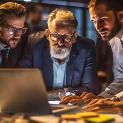 A Group Of Five People In Business Attire Are Gathered Around A Laptop, Focusing Intently On The Screen In A Dimly Lit Office Setting, Trying To Determine What Happened During The Crowdstrike Global Outage.