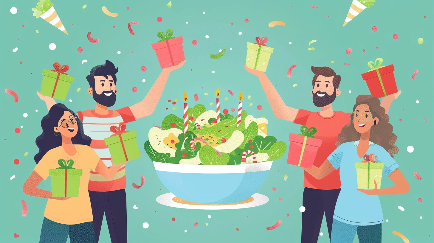 Caesar Salad Invention Anniversary - Who Invented The Caesar Salad? - Illustration Of Four People Cheerfully Holding Gift Boxes Around A Large Bowl Of Caesar Salad, With Confetti And Party Hats In The Background. The Scene Subtly Hints At The Origins Of The Caesar Salad, Celebrating Its History.