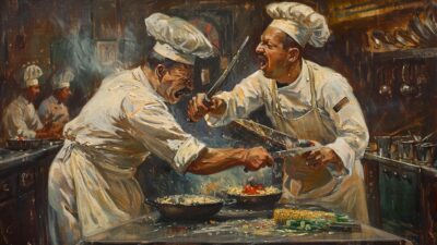 Controversy, and Culinary Legend: Who Invented The Caesar Salad? - Two chefs are in a heated argument in the busy kitchen, brandishing cooking utensils threateningly as they debate who invented the Caesar salad. Other chefs continue working diligently in the background.