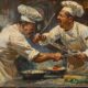 Controversy, and Culinary Legend: Who Invented The Caesar Salad? - Two chefs are in a heated argument in the busy kitchen, brandishing cooking utensils threateningly as they debate who invented the Caesar salad. Other chefs continue working diligently in the background.