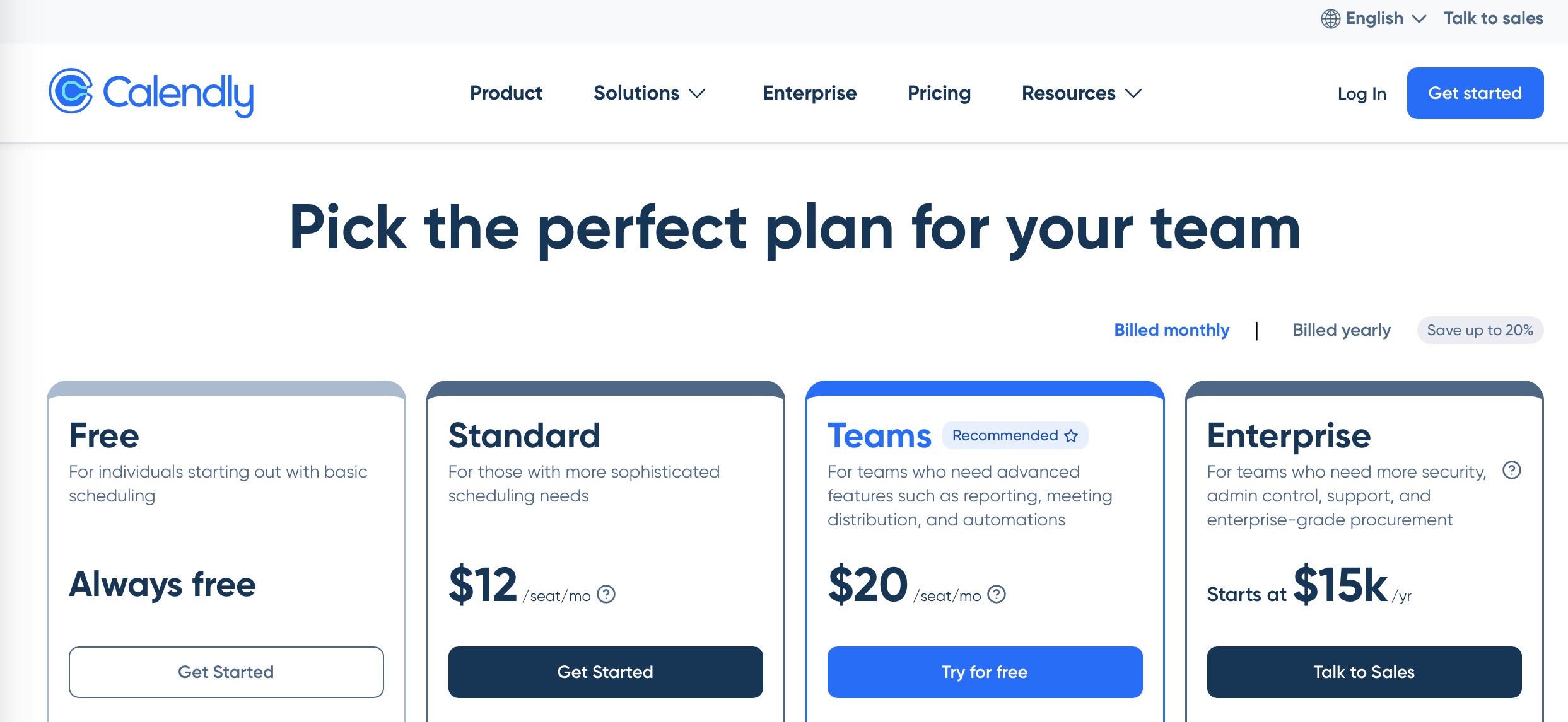 The Calendly Pricing Plans Webpage Displays Four Different Plans: Free, Standard ($12/Month), Teams ($20/Month), And Enterprise (Starting At $15K/Year), With Billing Available Monthly Or Yearly For Savings. For Those Exploring Calendly Alternatives, This Clear Layout Helps In Comparing Options Effectively.