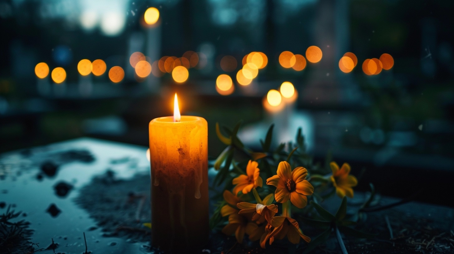 A Lit Candle With Marigold Flowers Beside It On A Wet Surface, With Blurred Bokeh Lights In The Background At Dusk, Evoking A Solemn Atmosphere Often Found In Funerals.