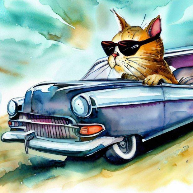 Watercolor Painting Of A Cat Driving A 1949 Oldsmobile Rocket 88 Muscle Car
