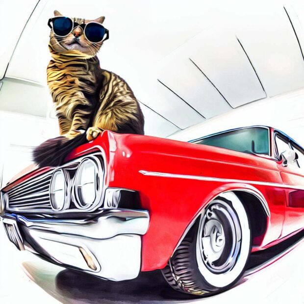 Cat Sitting On The Hood Of A Red 1964 Ford Fairlane Thunderbolt Muscle Car