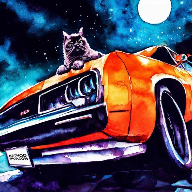Watercolor Painting Of A Cat Driving Pontiac Gto Muscle Car Under The Moonlight