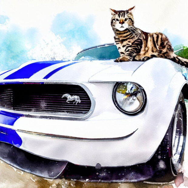 Watercolor Painting Of A Cat And A1965 Shelby Mustang Gt-350