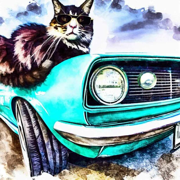 Watercolor Painting Of A Cat Sitting On A 1967 Chevrolet Camaro Z/28