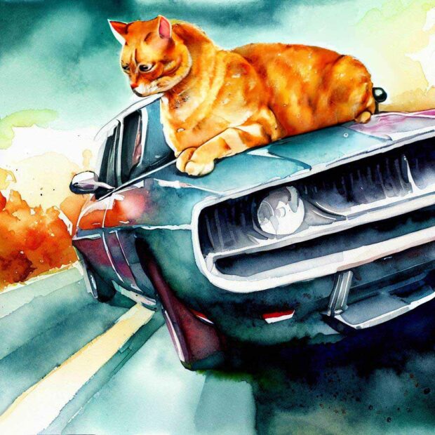 Watercolor Portrait Of A Cat Sitting On The Hood Of A 1970 Plymouth Road Runner Superbird