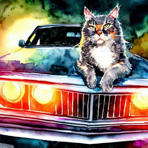 Watercolor Painting Of A Cat Laying On A 1971 Plymouth Hemi 'Cuda