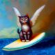 A cat surfer gracefully balancing on a surfboard, with wings gracefully spread.