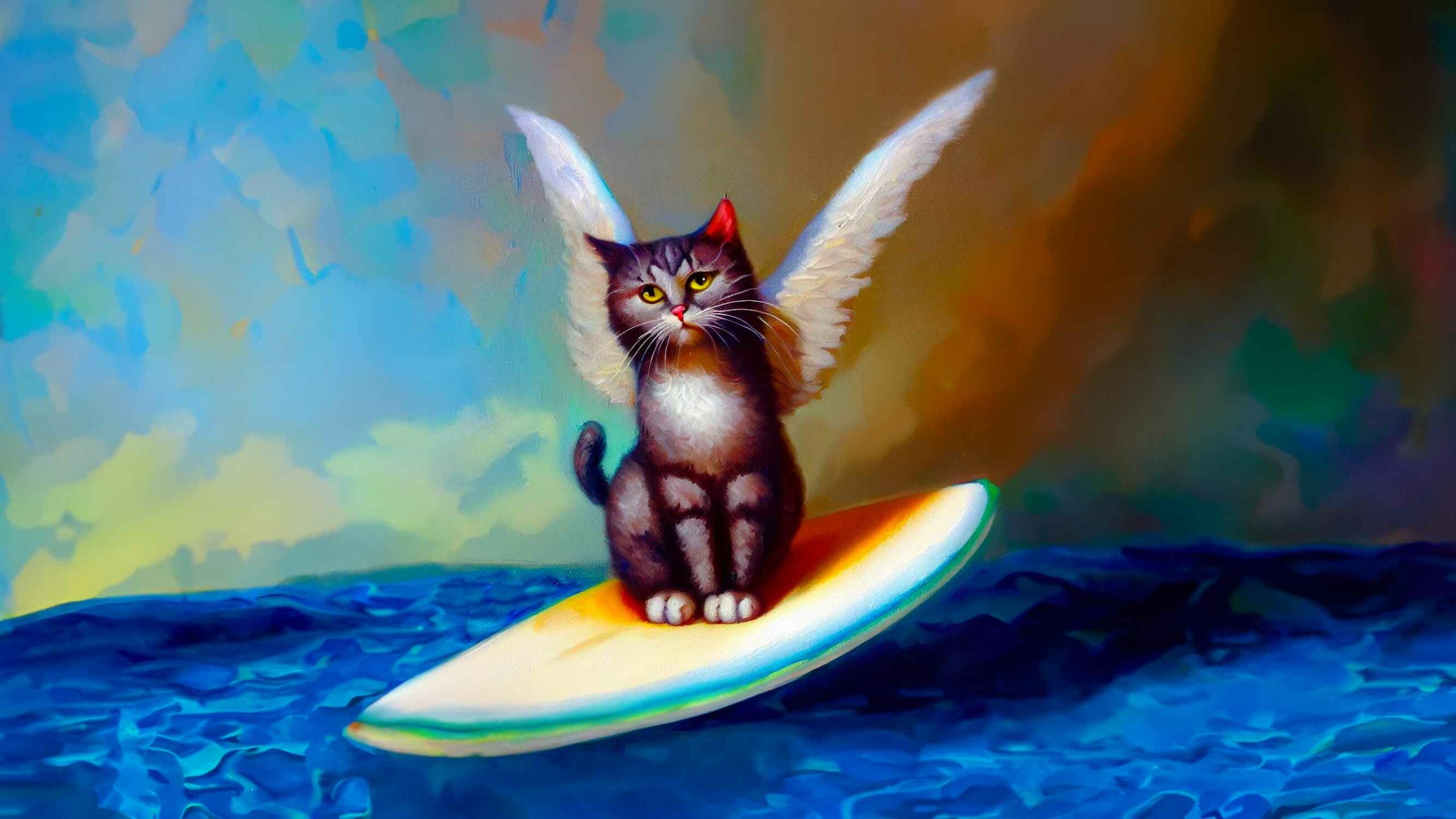 A Cat Surfer Gracefully Balancing On A Surfboard, With Wings Gracefully Spread.