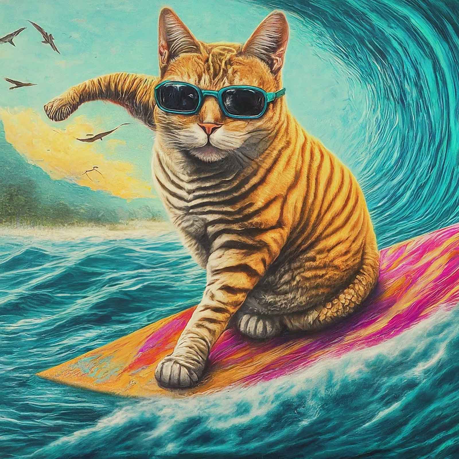 A Painting Of A Cat Riding A Wave On A Surfboard, Showcasing A Cat Surfer.