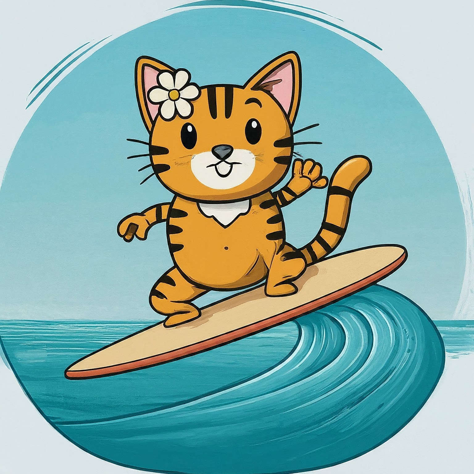 A Cartoon Cat Surfing On A Surfboard.