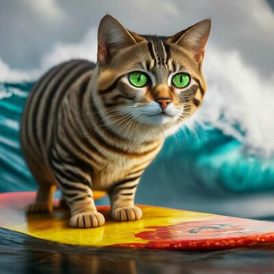 A Cat Surfer Riding Waves On A Surfboard In The Ocean.