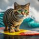 A Cat Surfer Riding Waves On A Surfboard In The Ocean.